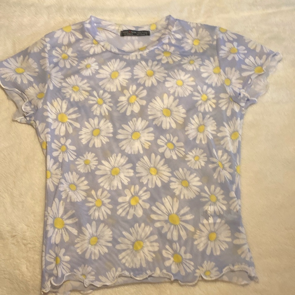 -iHeartRaves/Rock Rose Couture -Blue Daisy Mesh Baby Crop Tee, Small